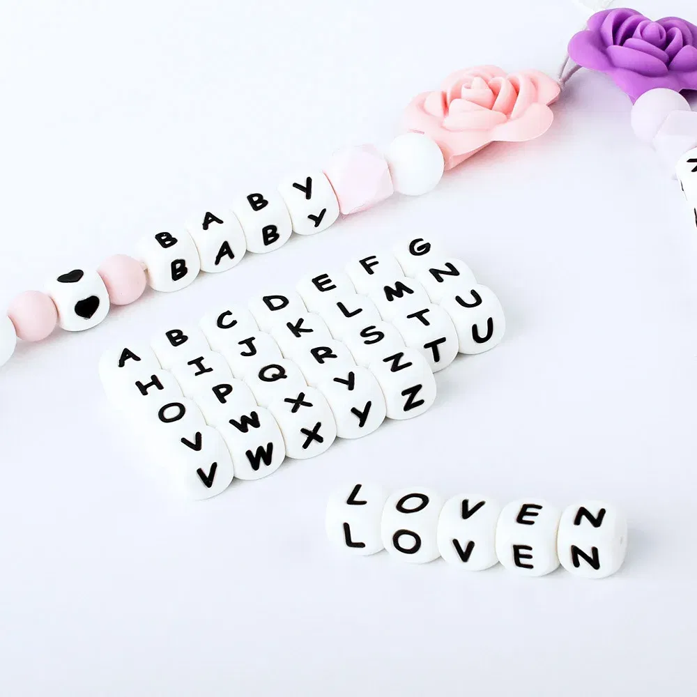 Color: Blue - 100Pcs Baby Teether 12mm Silicone Letters Beads Pacifier Clip Chain Personalized Name Letter Beads Teething Nursing Toy BPA Free