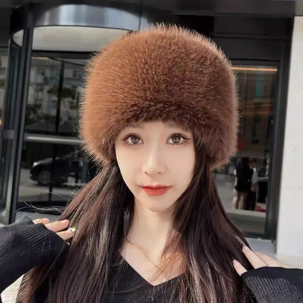 Color: Pink - New Fluffy Fur Women's Winter Hat Winter Snow Ski Cap Female Faux Fur Thick Warm Windproof Hat Russian Hat Mink Fisherman's Hat