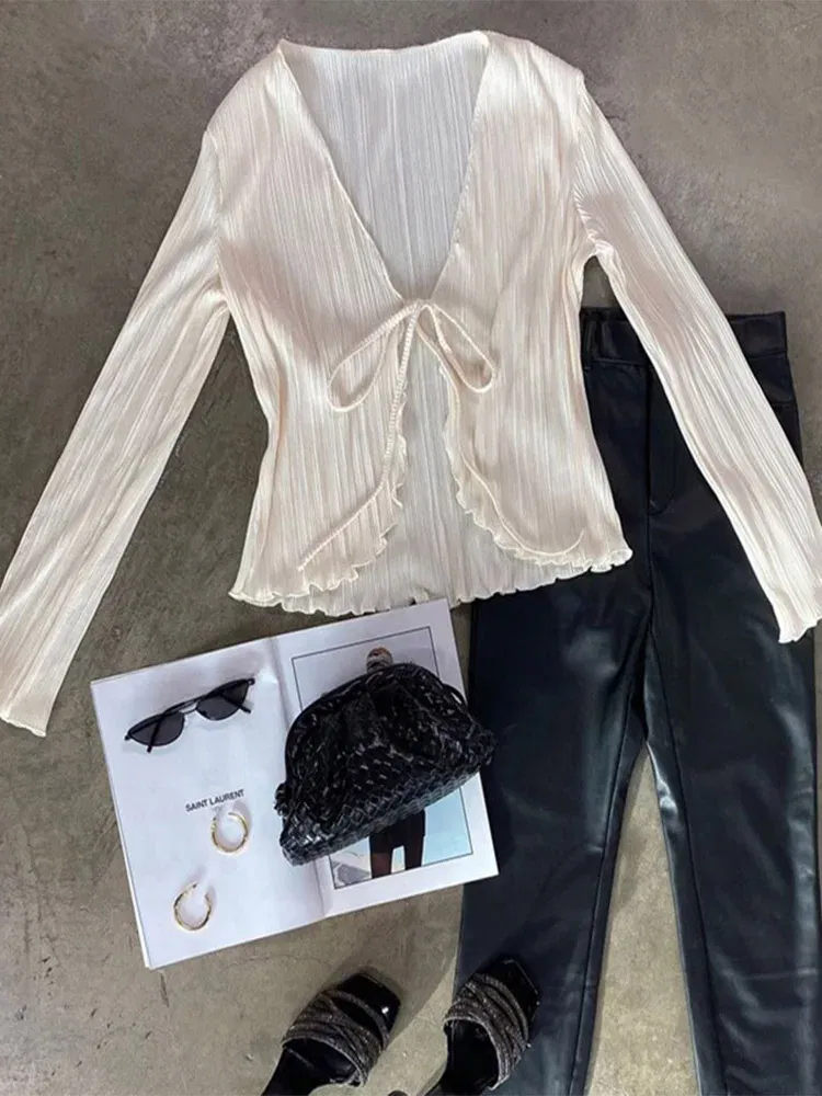 Color: Beige, Size: M - 2025 Women Pleated Plain Shirts Spring Fall Chic Long Flare Sleeve V- Neck Tie Up Cardigans Tops for Casual Party Street