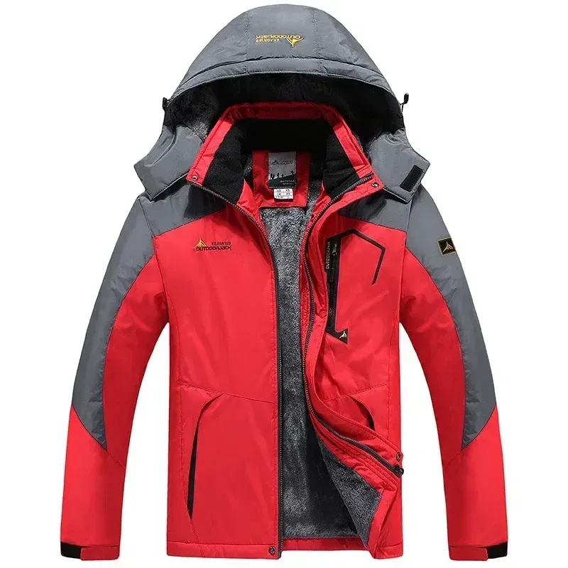 Color: Red, Size: 6XL - Autumn Winter Men's Windbreaker Waterproof and Warm Outdoor Hiking and Fishing Multi Pocket Wear-resistant Thick Jacket Men Coat