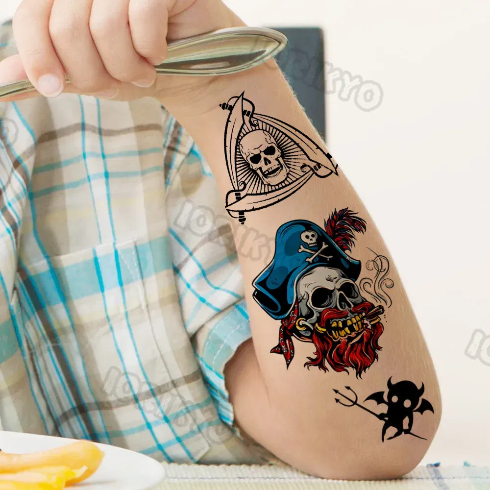 Color: green - Skull Temporary Tattoos For Kids Men Women Adult Face Neck Pirate Captain Tattoo Sticker Monster Fake Skeleton King Tatoos