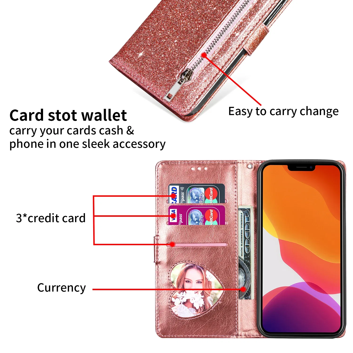 Color: Silver, Material: POLYESTER - Zipper Flip Wallet Glitter Leather Case for iPhone 16 15 14 13 12 11 Pro Max XS XR 8 7 Plus SE 2022 Mini Bling Stand Phone Cover