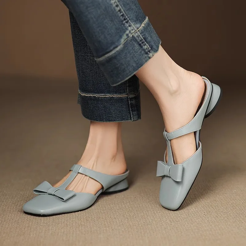 Color: Beige, Shoe Size: 35 - New Spring Summer Butterfly-Knot Patent Leather Pointed Toe Women Slippers Fashion Thin High Heels Mules Shoes Elegant Pumps