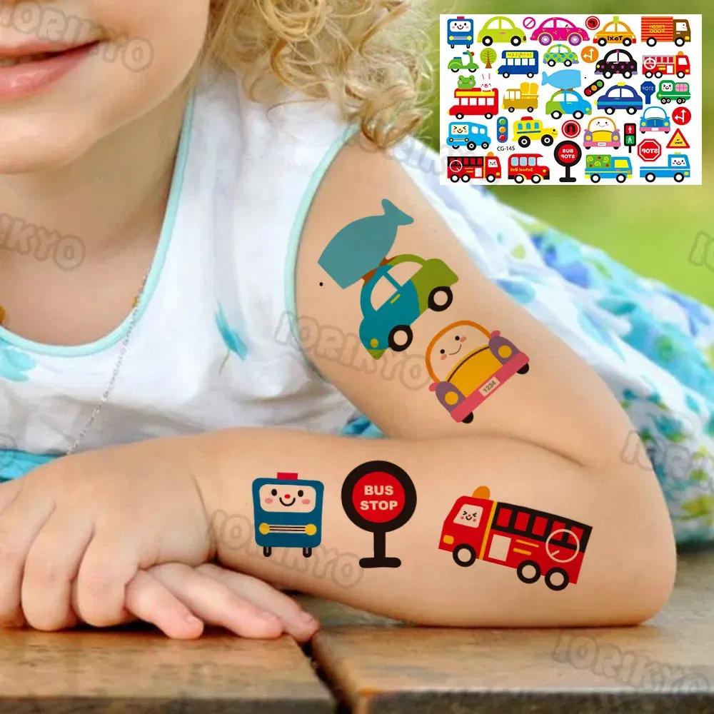 Color: light green - Cute Small Bus Car Temporary Tattoos For Kids Boys Girls Baby Child Cute Dinosaur Tattoo Sticker Funny Fake Star Tatoo Face Hand