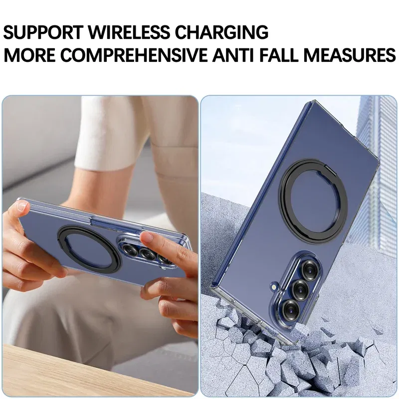 Color: army green, Compatibility by Model: Galaxy Z Fold7 - 360?° Rotating Magnetic Holder Phone Case For Samsung Galaxy Z Fold 7 Magsafe Wireless Charging Transparent Hard Shockproof Cover