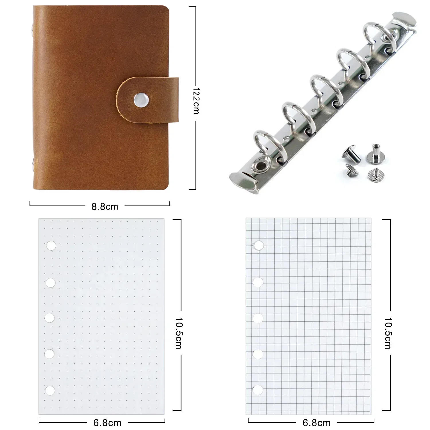 Color: green - Genuine Leather A8 Size Ring Planner Cowhide 5-hole Rings Mini Notebook with 15 MM silver Rings Retro Organizer Diary Notepad