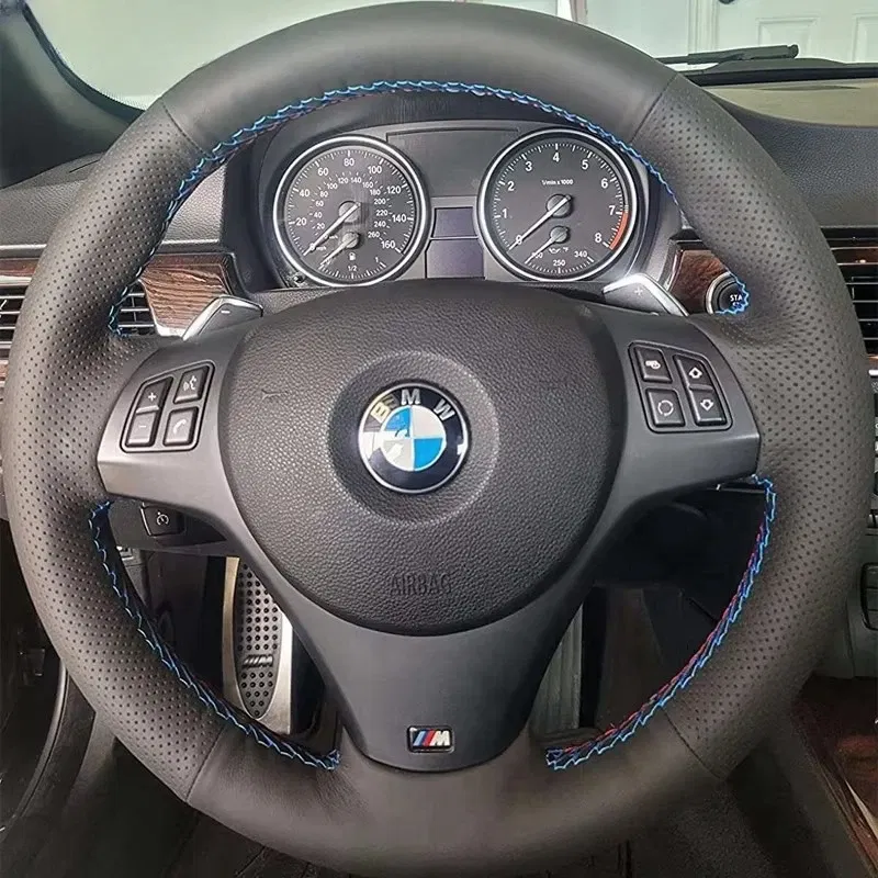 Color Name: black - Full Black Leather Car Steering Wheel Braid Soft Leather Cover For BMW E81 E90 Pack M Sport M3 E91 E92 E93 E87 E82 E88 X1 E84