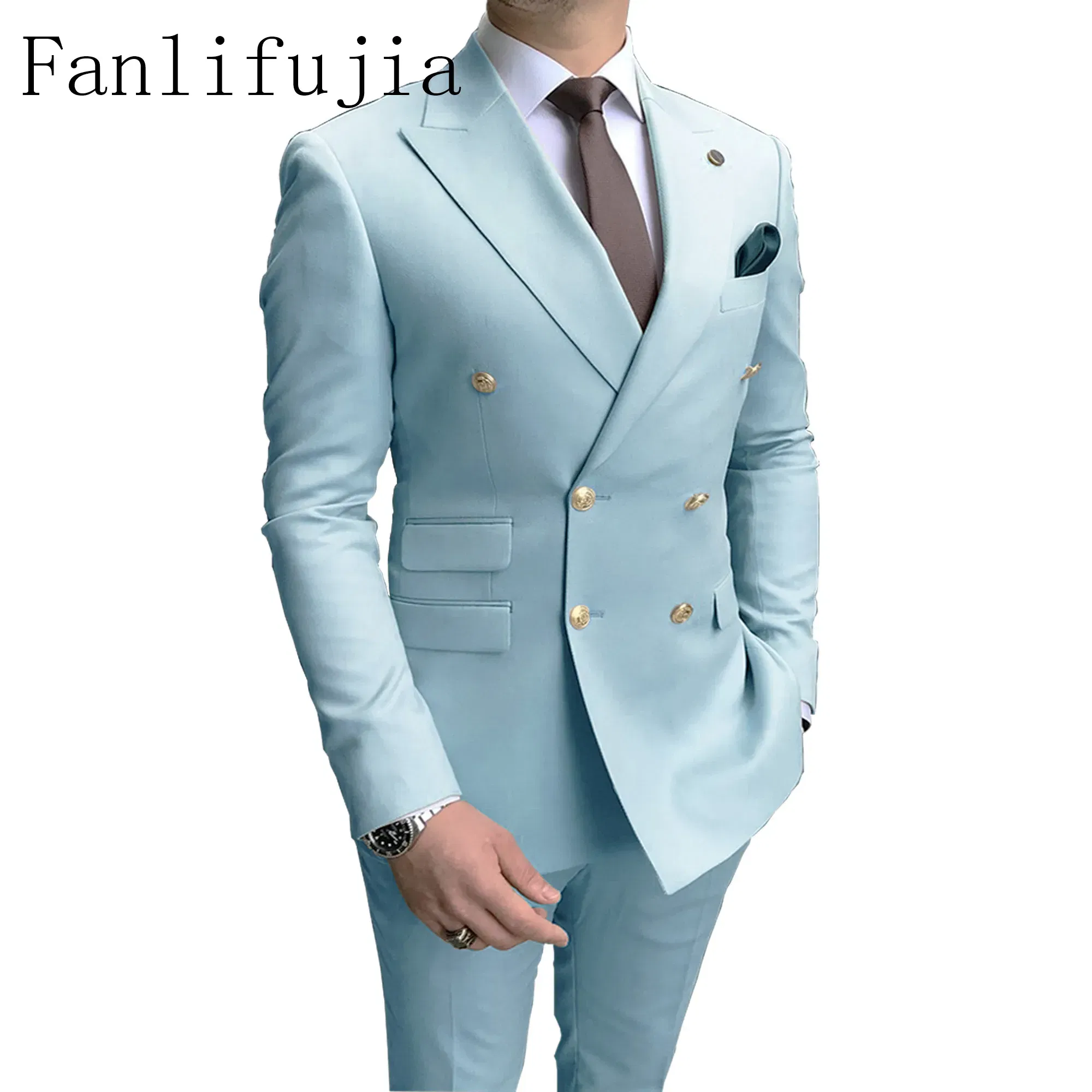 Color: Turquoise, Size: M - Fanlifujia Store 2024 Casual Sky Blue Men Suits Double Brested Peak Lapel Gold Button Groom Wedding Tuxedos Best Costume Homme