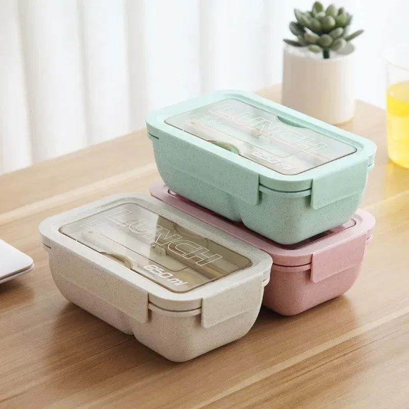 Color: Orange - 850/1100ML wheat straw lunch box bento box Microwave oven Students with lid canteen simple lunch box rectangular portable