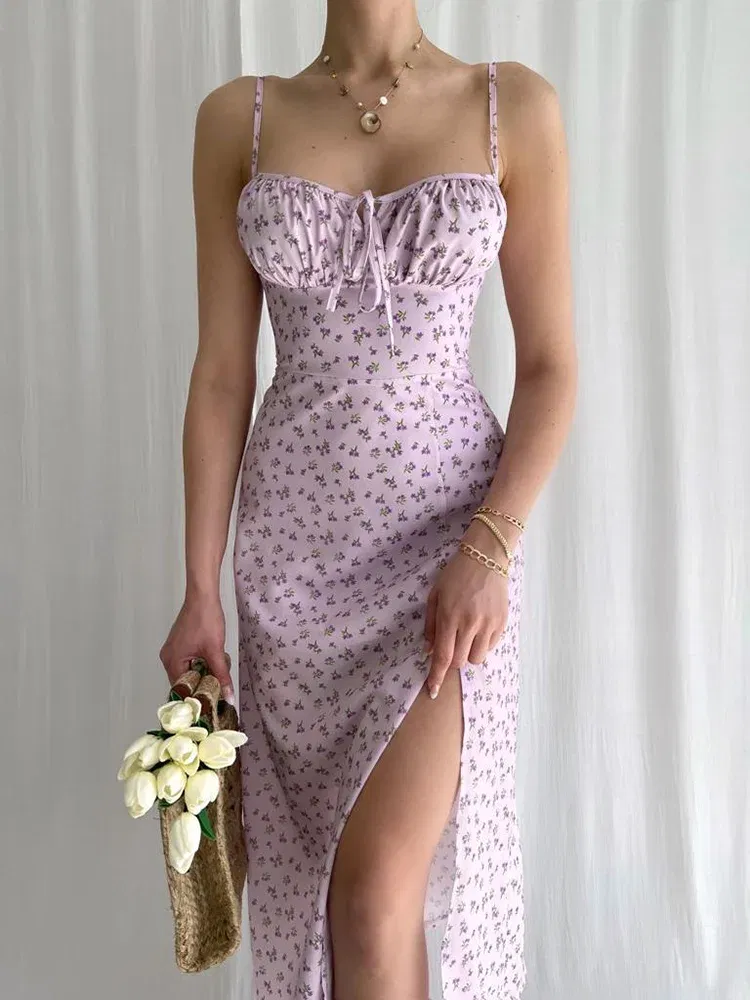 Color: PURPLE, Size: M - Hugcitar 2023 Sleeveless Satin Slip Floral Ruched Bandage Cut Out Maxi Dress Summer Women Fashion Sexy Party Club Robe Kpytomoa