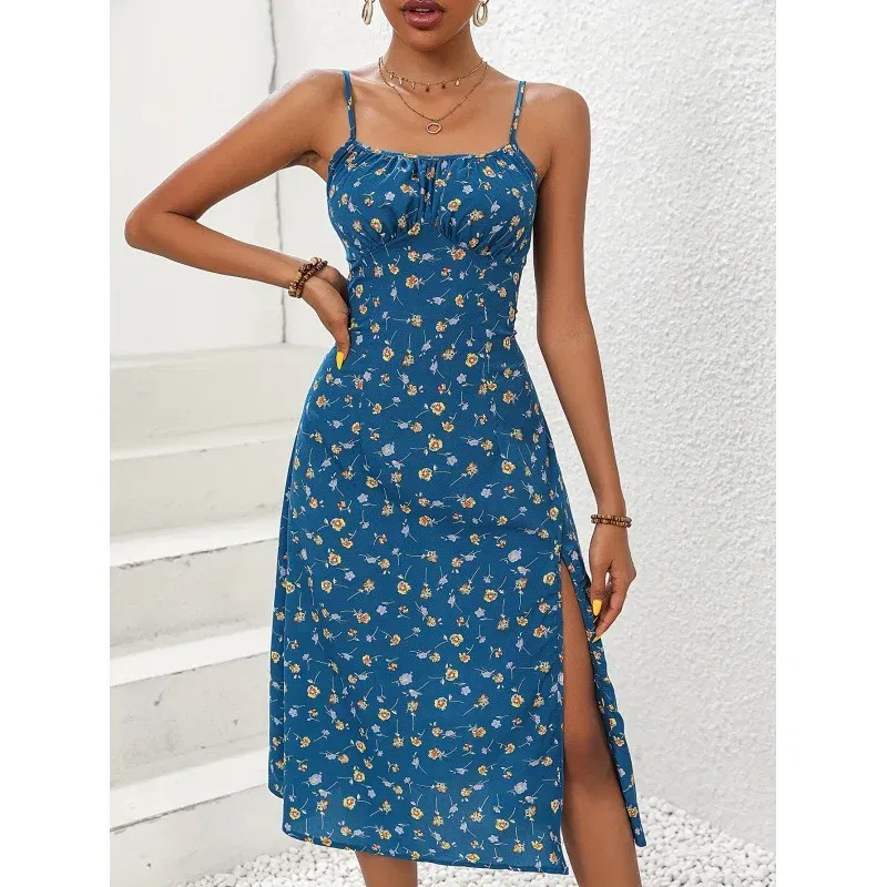 Color: Blue, Size: XXL - 2025 Summer Sexy Spaghetti Straps Dress Women Fashion Polka Dot Print Sleeveless Slit Dress Boho Casual Beach Midi Dresses