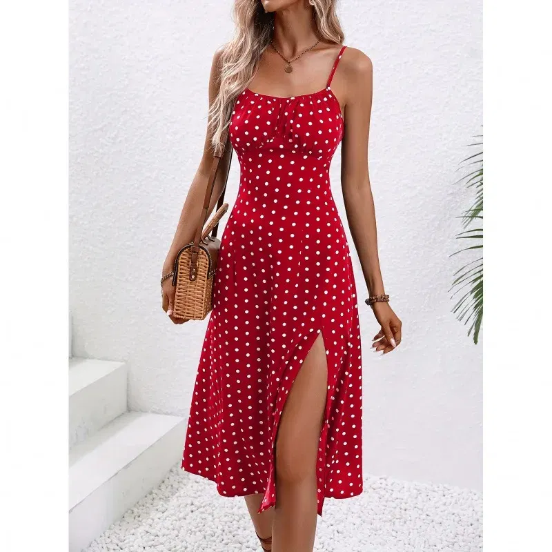 Color: Blue, Size: XXL - 2025 Summer Sexy Spaghetti Straps Dress Women Fashion Polka Dot Print Sleeveless Slit Dress Boho Casual Beach Midi Dresses
