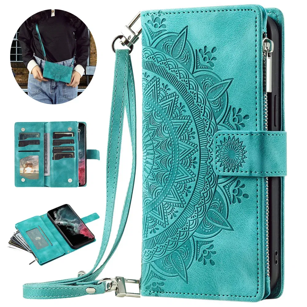 Color: Black Green, Material: Neoprene - S 23 S24 Ultra 5G Leather Case for Samsung Galaxy S23 Ultra Flip Cover Zipper CrossBody Book Funda S 24 Plus S23 FE Wallet Etui