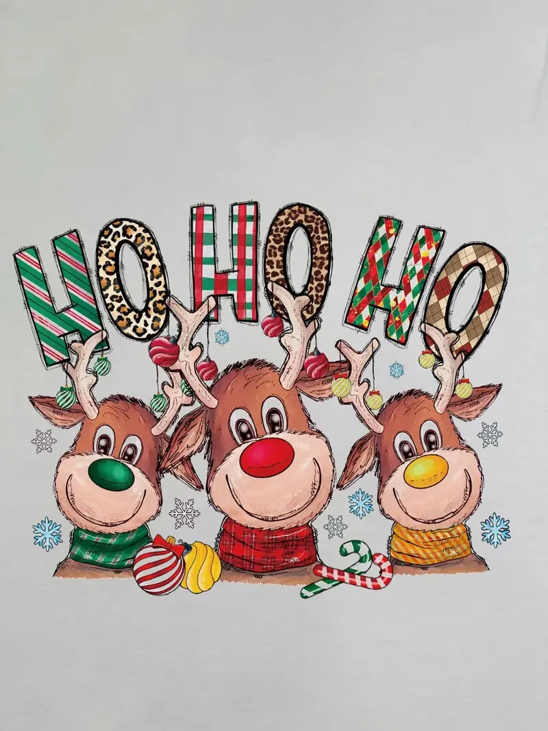 Cozy Christmas Deer Graphic Tee - Soft Casual Short Sleeve Crew Neck Top, Comfortable Women's Clothing for Holiday Season