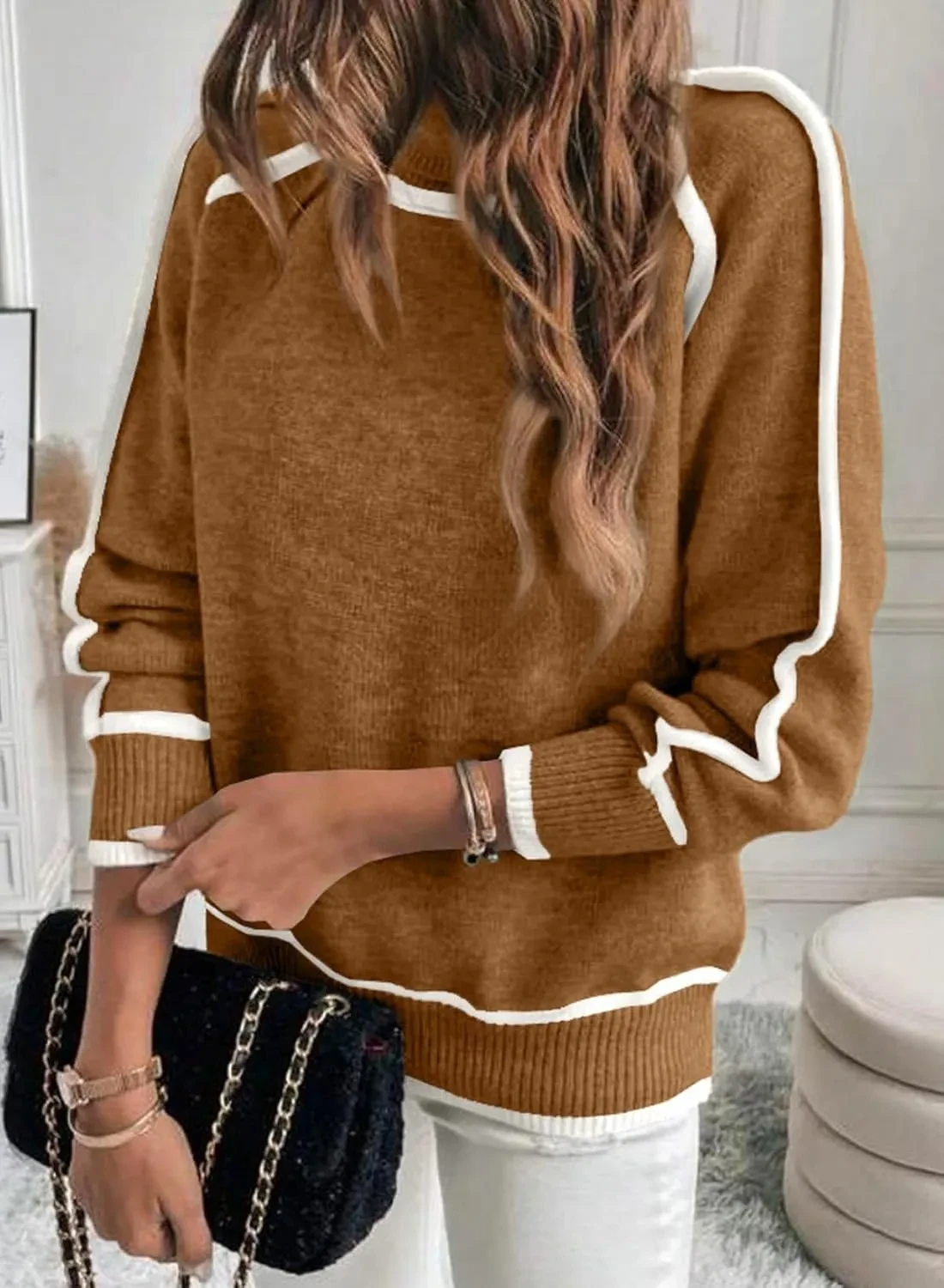 Solid Color Color Matching High-necked Casual Women's Clothing Fashion Knit Top Outerwear