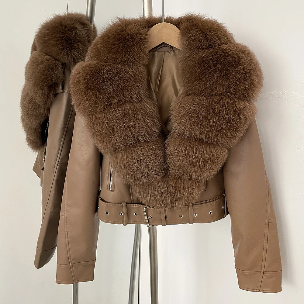 Color: Gold, Size: L - Fake Leather Coat New Natural Fox Fur Autumn Short Faux Leather Jacket Female Spring PU Women Long Sleeve Real Fur Coat Thin