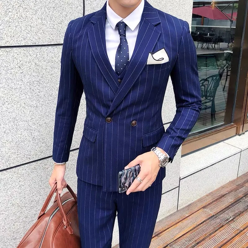 Color: Brown, Size: L - Gray Men Classic Striped/Checked Suits, Business Office 3 Piece, Asian Size Slim Fit Men Dress Jacket & Pants with Vest, S-4XL