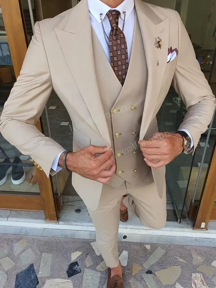 Color: Beige, Size: XXL, Ships From: CHINA - 3 Pieces New White Men's Suit 2022 Peak Lapel Slim Fit Casual Tuxedos Groom Tailor Made Terno Masculino (Blazer+Pants+Vest)