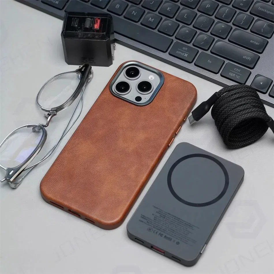 Color: Purple Pink, Material: Genuine Leather - High-end Retro Oil Wax Pattern Magnetic For Magsafe Leather Case For iPhone Air 15 14 Plus 13 16 17 Pro Max Camera Button Cover