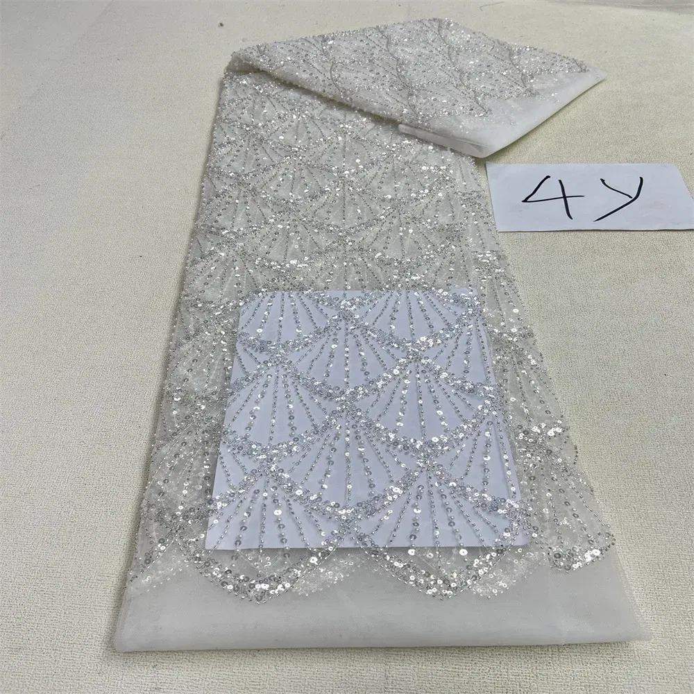 Color: Yellow, Length: 5 yards, Width: 120cm - 2025 African Nigerian Tulle Lace Fabric Sequins Sewing Guipure Beads Stone Embroidery Dresses High Quality 4 Yards