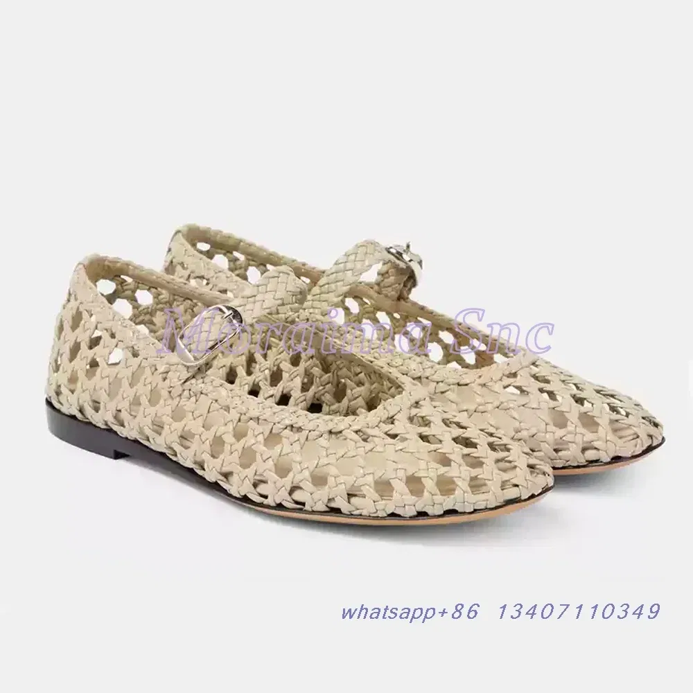 Color: Ivory, Shoe Size: 37 - Hollow Woven Leather Ballet Shoes Flat With Round Toe Ankle Buckle Strap Fashion Shallow Women Shoes Mary Janes Summer New 2025
