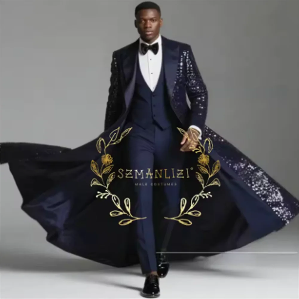 Color: Pink, Size: XL - Burgundy Shiny Sequin Suits Men 3 Pieces Sets Single Breasted Groom Long Blazer Costume Homme Wedding Tuxedo Male Clothing