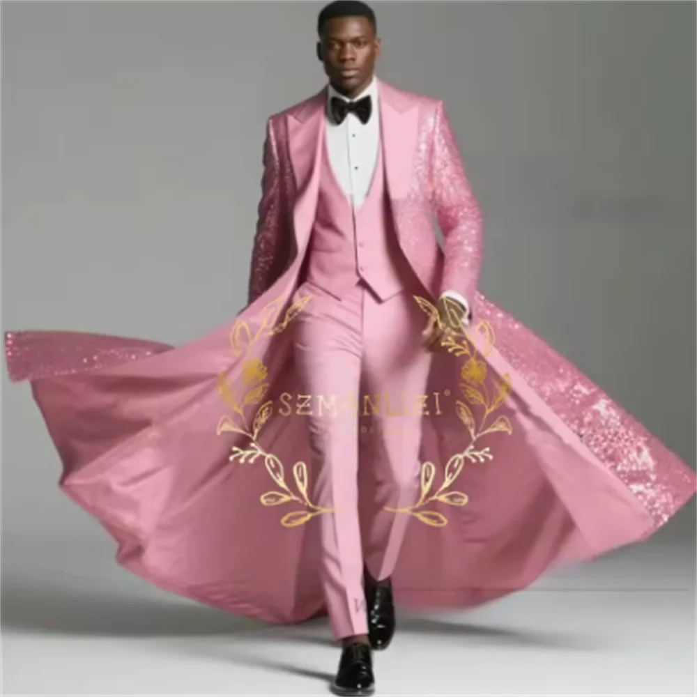 Color: Pink, Size: XL - Burgundy Shiny Sequin Suits Men 3 Pieces Sets Single Breasted Groom Long Blazer Costume Homme Wedding Tuxedo Male Clothing
