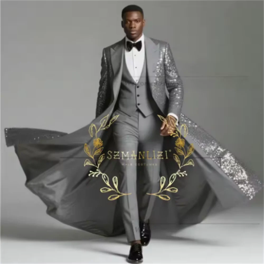 Color: Pink, Size: XL - Burgundy Shiny Sequin Suits Men 3 Pieces Sets Single Breasted Groom Long Blazer Costume Homme Wedding Tuxedo Male Clothing