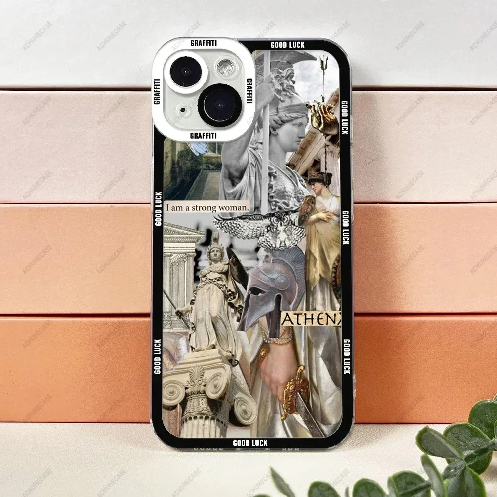 Color: Dark Grey, Material: Artificial Leather - Aesthetic Statue Art Phone Case For iPhone 16 15 14 13 12 11 Pro Max XS X XR Plus Mini Luxury Transparent Soft Funda