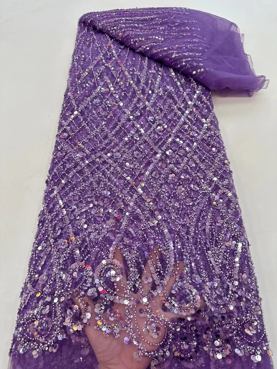 Color: Blue, Width: 120cm, Length: 5 yards - Ni Ai African Sequins Beaded Groom Lace Fabric High Quality French Tulle Lace Fabric 2025 Embroidery Nigerian Lace Fabrics