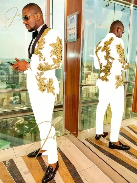 Color: WHITE, Size: S - Luxury Groom Wedding Tuxedos Gold Sequins Appliques Black Men Suits Slim Fit Costume Homme Marriage Prom Suits