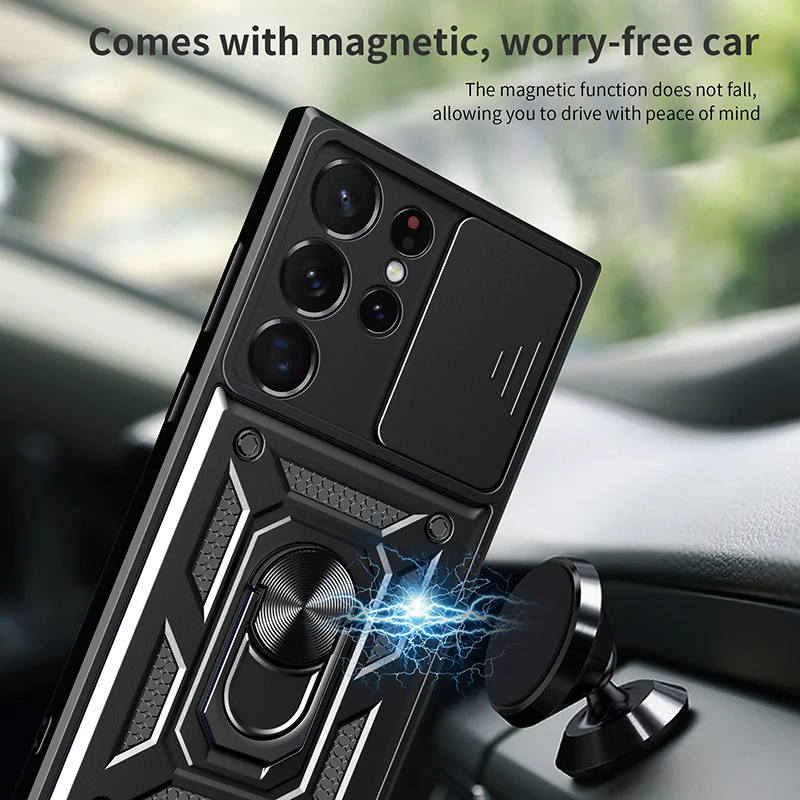 Material: PE, Color: Pink - Shockproof Armor Case For Samsung Galaxy S20 S21 S22 S23 S24 Plus Ultra FE With Car Magnetic Ring Holder Phone Cover