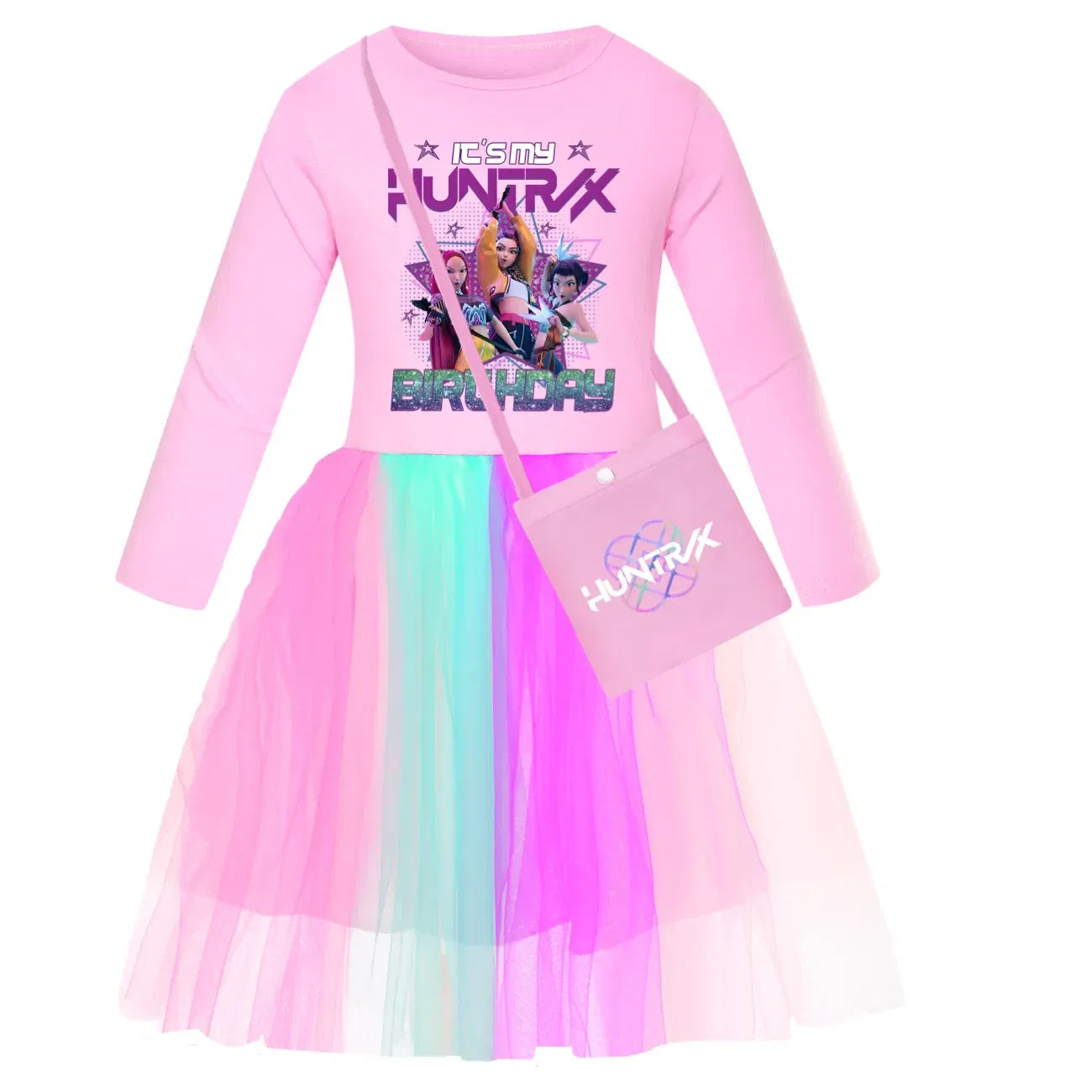 Color: black, Kid Size: 3T - KPop Demon Hunters Kids Clothes Long Slevess Dresses Cotton Rainbow Full Dress Teen Fashion Girl's Clothing Party Clothes 5001