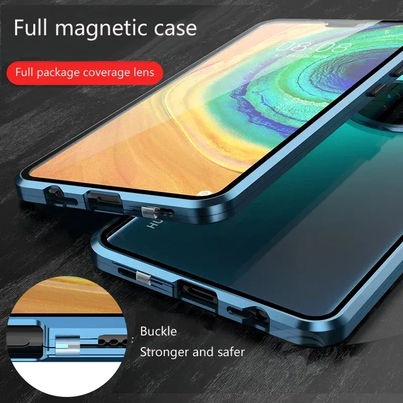 Color: Blue, Material: Nylon - Double Sided Glass Magnetic Metal Snap Lock Phone Case For Honor Magic 4 5 Ultimate 6 Lite 7 Pro Lens Protection Cover Cases