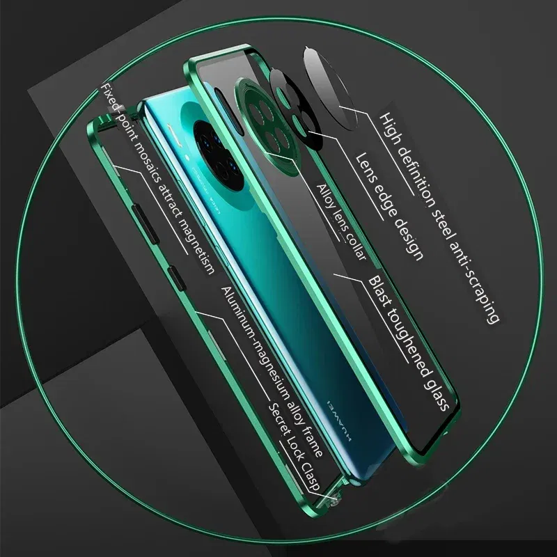 Color: Blue, Material: Nylon - Double Sided Glass Magnetic Metal Snap Lock Phone Case For Honor Magic 4 5 Ultimate 6 Lite 7 Pro Lens Protection Cover Cases