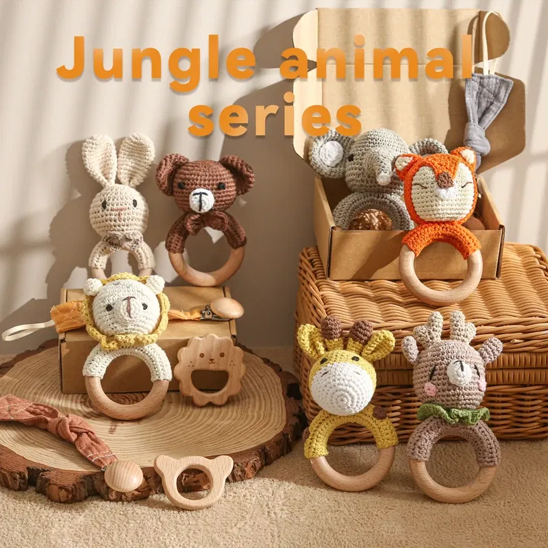 Color: SKY BLUE - Bopoobo 3PCS/5PCS Crochet Bunny Baby Teether Rattle Animal Beech Wood Teether Pacifier Chain Crochet Rattle For Newborn Baby