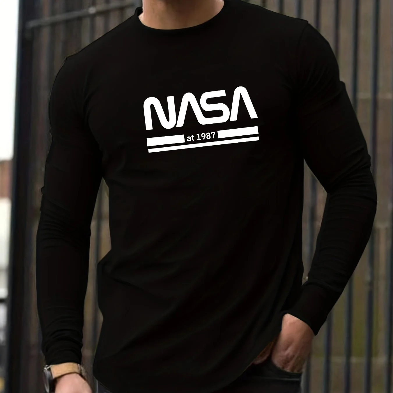 Color: Dark Grey, Size: XL - Men's Spring and Autumn 100% Cotton Loose Comfortable Casual NASA Letter Printed Round Neck Long Sleeve T-shirt