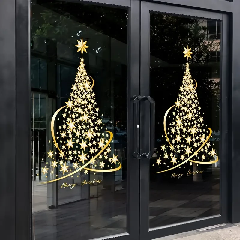 2 Pack PVC Golden Christmas Tree Window Decals, DIY Static Cling Decoration for Door Wall Showcase Display
