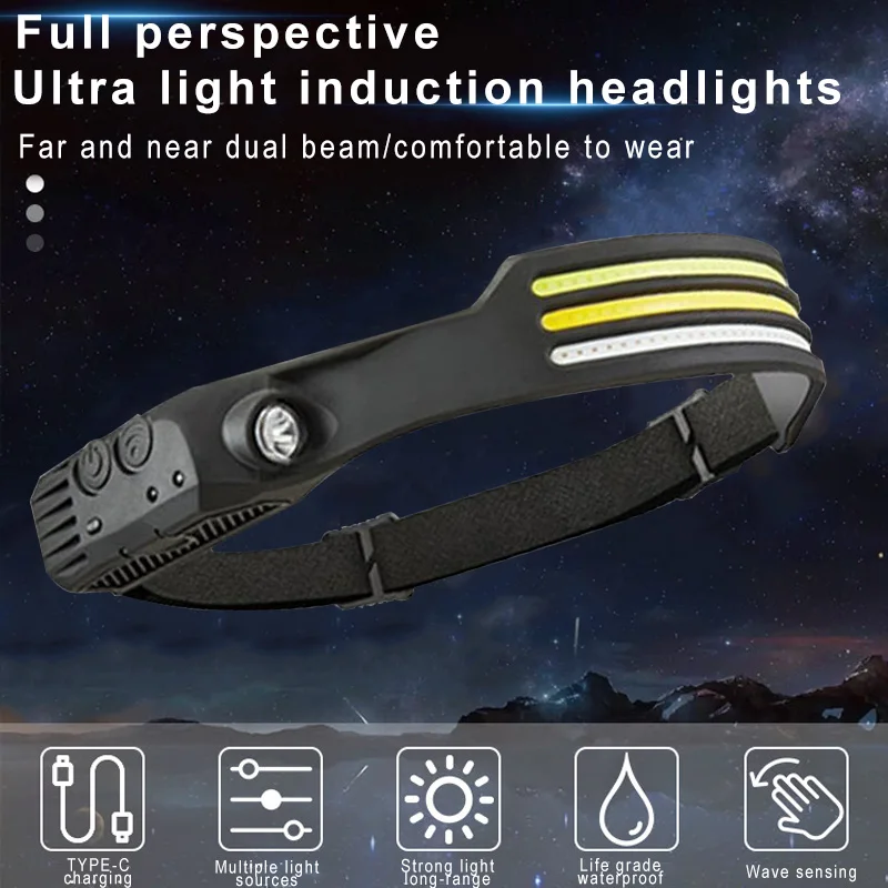 Emitting Color: changeable - Induction Headlamp COB LED Sensor Head Lamp Built-in Battery Flashlight USB Rechargeable Head Torch 5 Lighting Modes Headlight