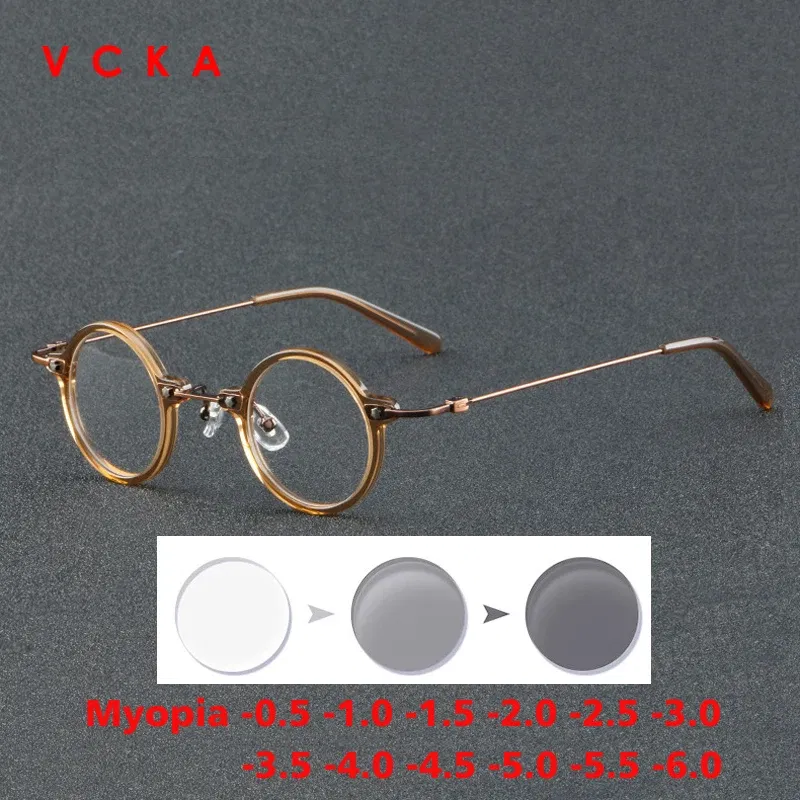 Frame Color: GRAY, Eye Prescription: +175 - VCKA Anti-blue Discolor Acetate+Titanium Myopia Glasses Frames Small Round Men Prescription Optical Women Eyewear -0.50 to -10.0
