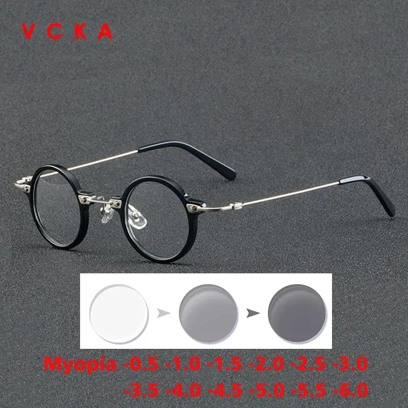 Frame Color: GRAY, Eye Prescription: +175 - VCKA Anti-blue Discolor Acetate+Titanium Myopia Glasses Frames Small Round Men Prescription Optical Women Eyewear -0.50 to -10.0