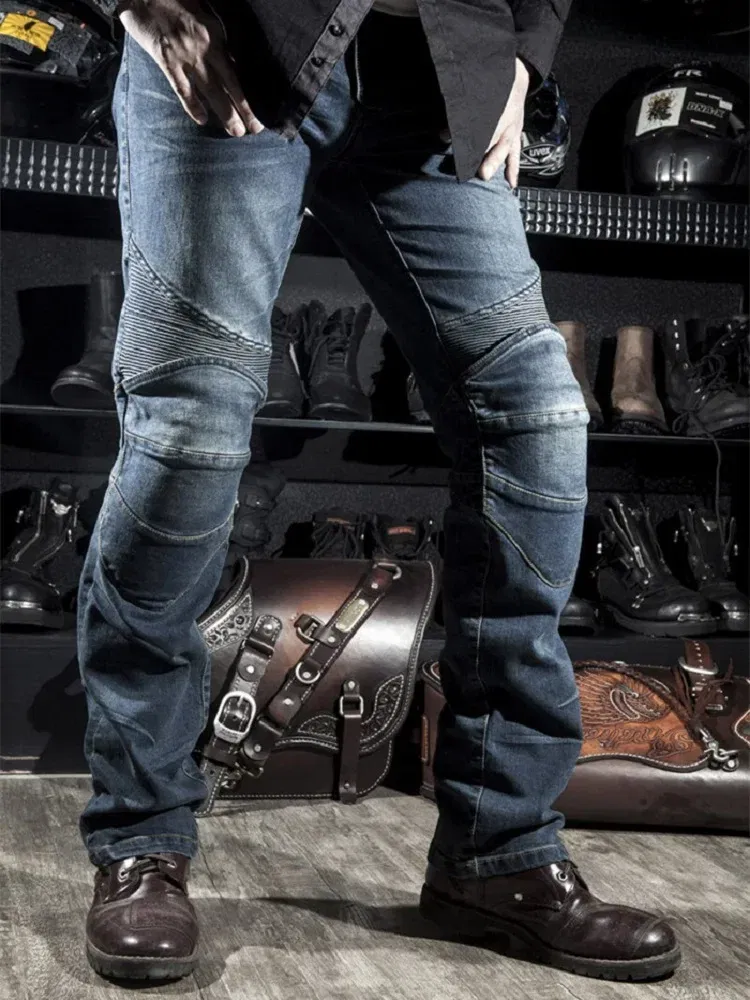 Color: SKY BLUE, Size: 4XL - Mens Black Biker Jeans Motocycle Denim Pants Male Stretch Original Trousers Off-road Pants Protection Clothing 4xl Plus Size