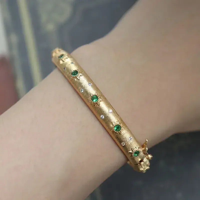 Gem Color: WHITE - Classic Court style wire drawing bracelet for women light luxury elegant green crystal retro flower bangles wedding fine jewelry