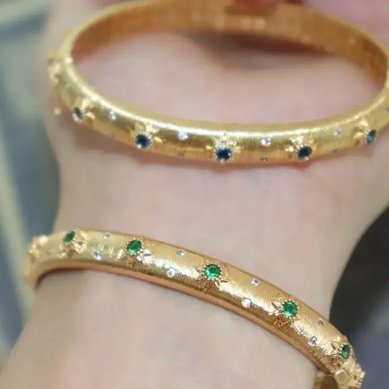 Gem Color: WHITE - Classic Court style wire drawing bracelet for women light luxury elegant green crystal retro flower bangles wedding fine jewelry