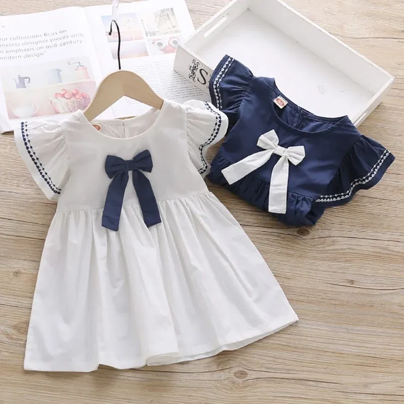 Color: WHITE, Kid Size: 2T - Summer Baby Girl Princess Dress Casual Fashion Baby Girl Flying Sleeve Bow-knot Princess Dress Kids Clothing For 1-6 Years Old