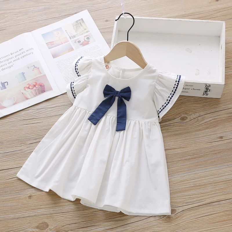 Color: WHITE, Kid Size: 2T - Summer Baby Girl Princess Dress Casual Fashion Baby Girl Flying Sleeve Bow-knot Princess Dress Kids Clothing For 1-6 Years Old