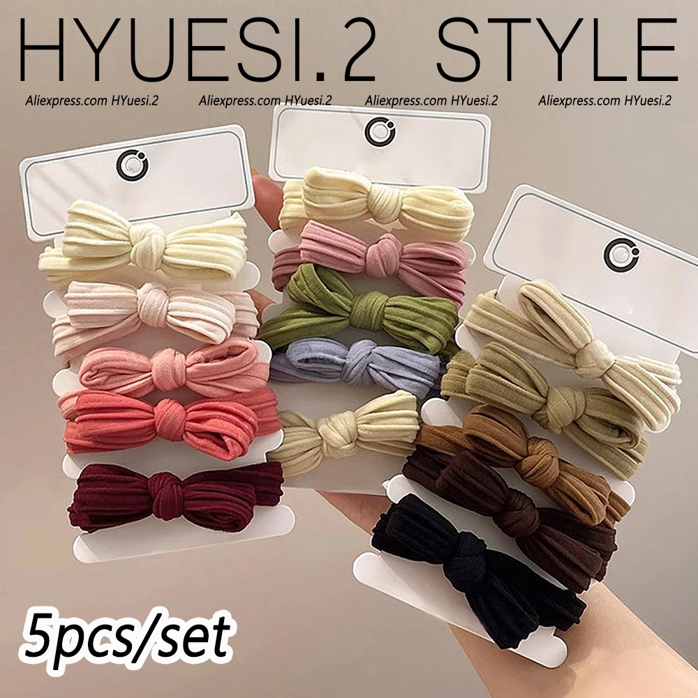 Color: green - 5pcs/Set Simple Bow Hair Ties Ropes Colorful Elastic Seamless Ponytail Holder Rubber Band For Toddler Girls