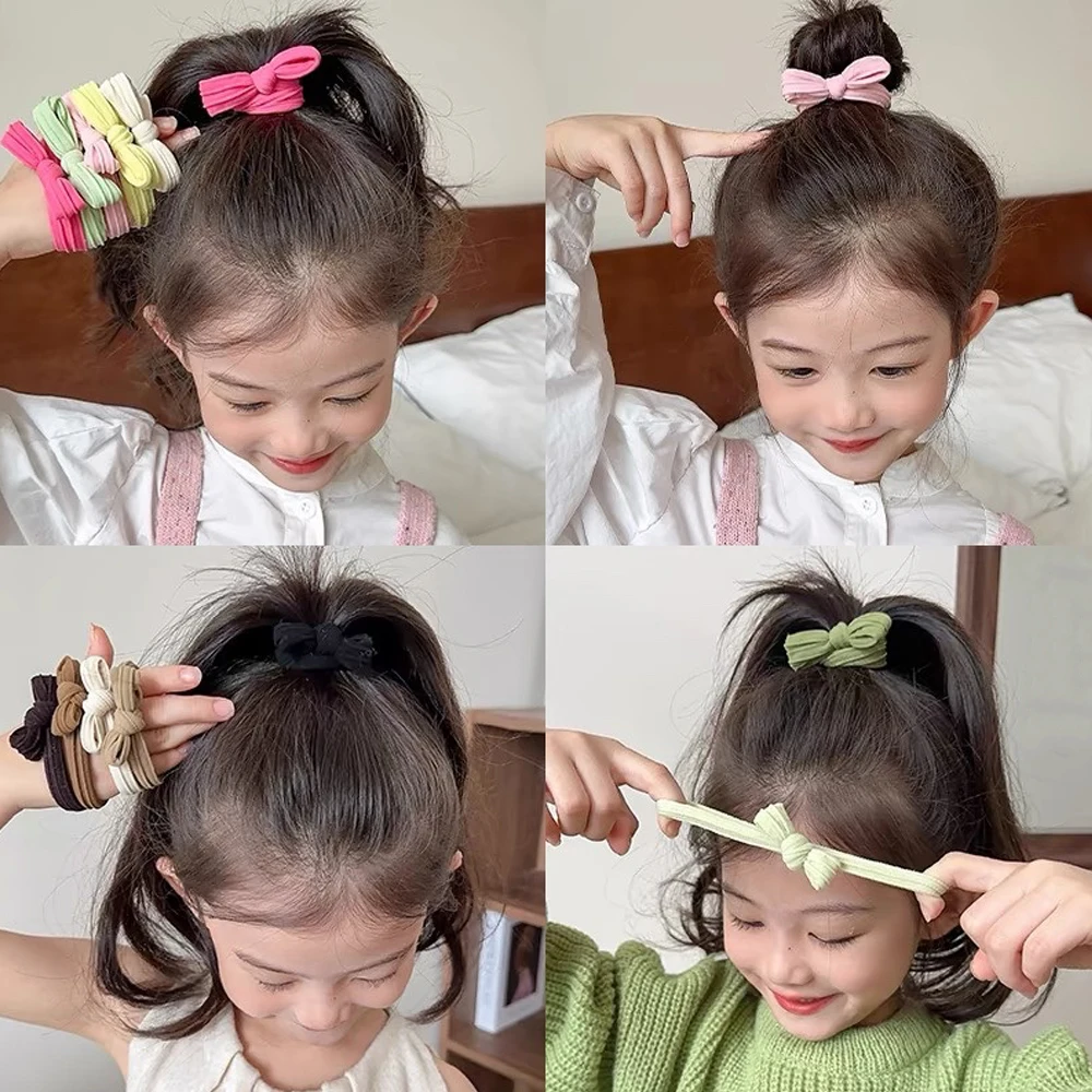 Color: green - 5pcs/Set Simple Bow Hair Ties Ropes Colorful Elastic Seamless Ponytail Holder Rubber Band For Toddler Girls