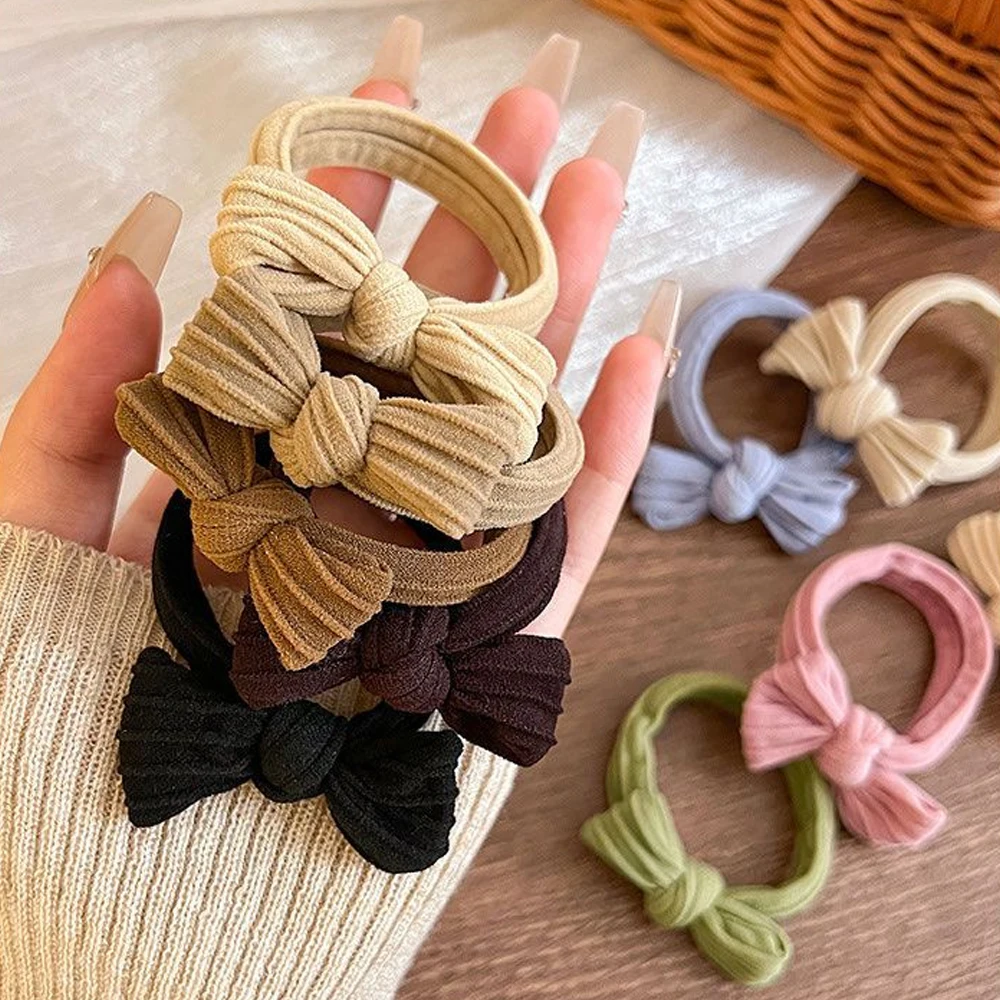 Color: green - 5pcs/Set Simple Bow Hair Ties Ropes Colorful Elastic Seamless Ponytail Holder Rubber Band For Toddler Girls