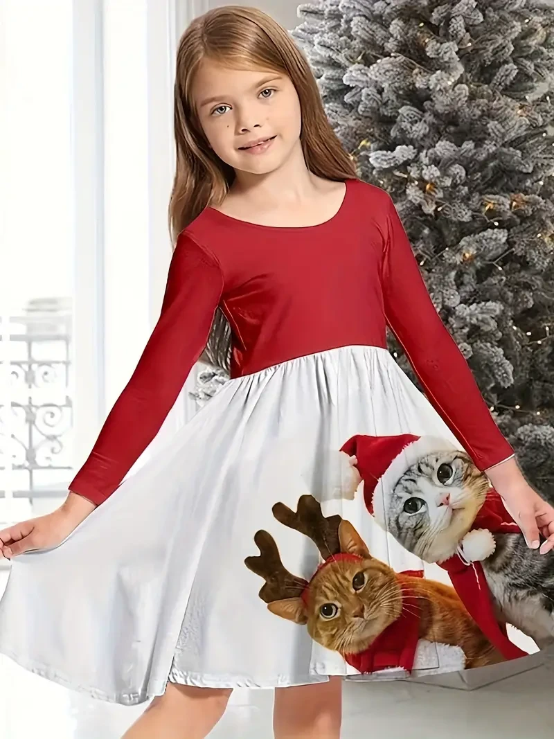 Girls Cartoon Reindeer Graphic Crew Neck Dresses Kids Gift Christmas Halloween